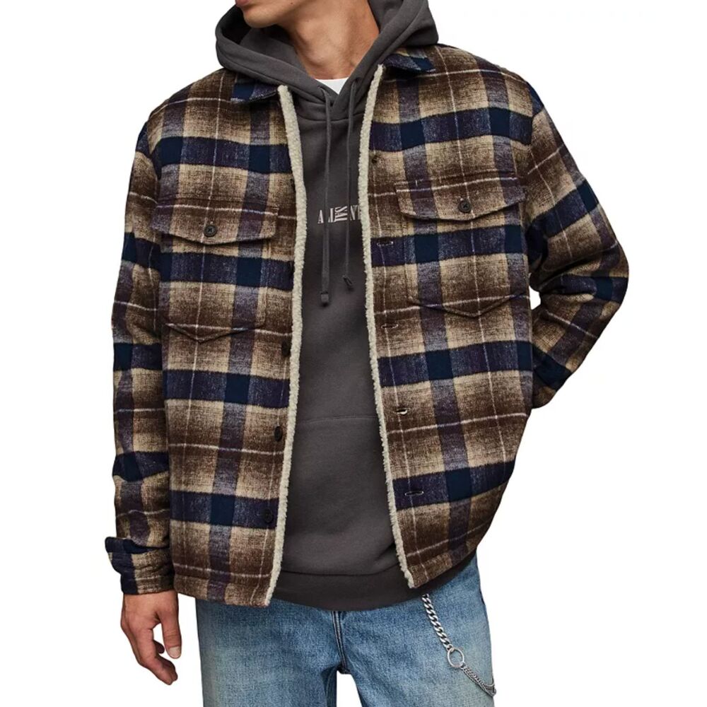 ALLSAINTS Willingboro‎ Plaid Sherpa Lined Jacket Brown Large